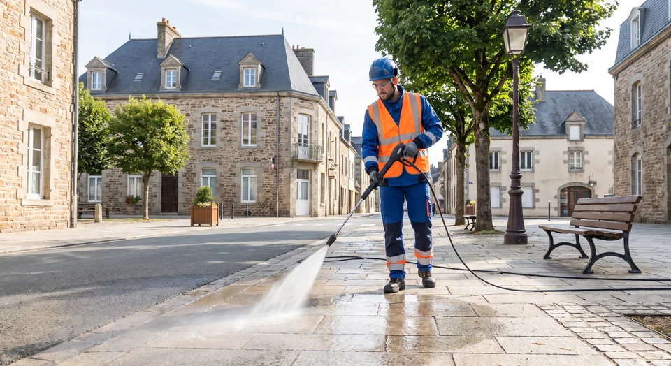 Photo professionnelle d'une voirie municipale propre et bien entretenue, avec un agent en uniforme de travail utilisant un équipement de nettoyage haute pression pour nettoyer une chaussée ou un trottoir. L'arrière-plan montre l'environnement urbain (bâtiments, arbres de rue) dans un contexte de service public. La scène doit illustrer le professionnalisme de l'entretien des espaces publics et la valorisation du territoire urbain.