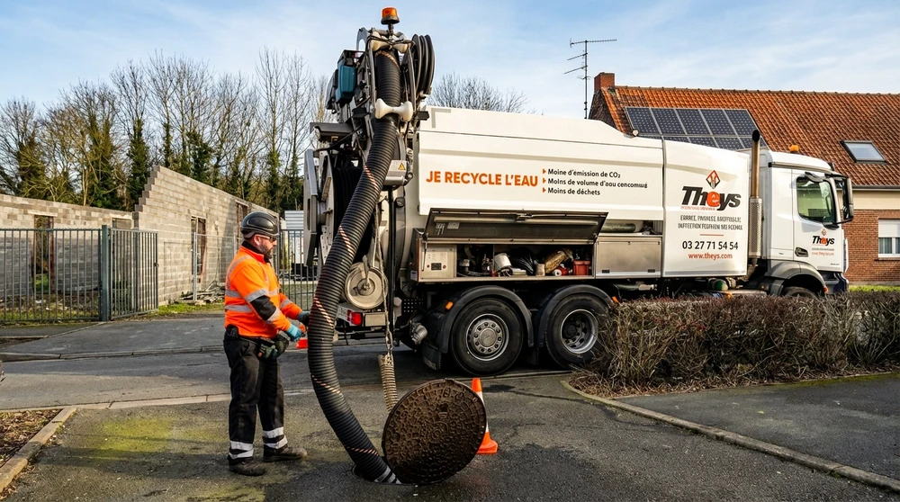 Technicien en EPI (casque, gilet haute visibilité orange, gants) manœuvre le flexible d'aspiration d'un camion hydrocureur sur un regard d'égout ouvert