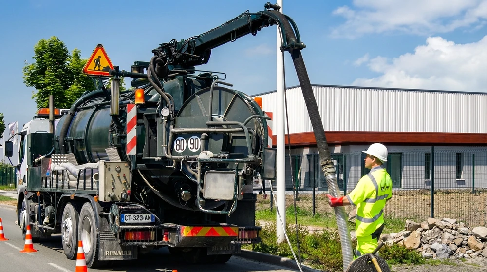 Camion hydrocureur Renault sur chantier extérieur, technicien en EPI (casque blanc, gilet haute visibilité jaune, gants rouges) manœuvrant un flexible d'aspiration