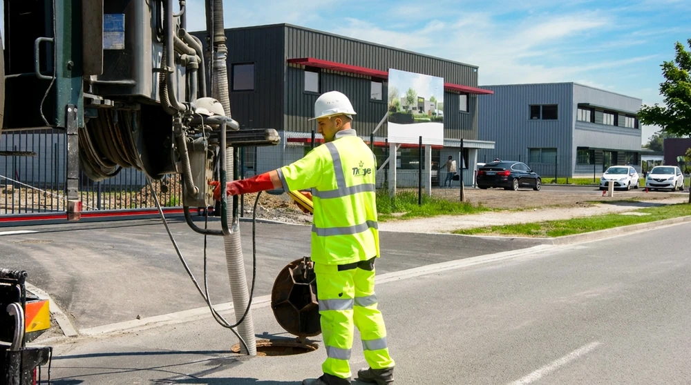 Technicien en tenue haute visibilité jaune et casque blanc opère un camion hydrocureur sur voirie