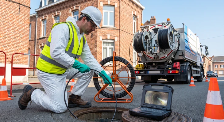 Photographie d'une équipe de techniciens d'assainissement en uniforme professionnel devant un camion hydrocureur moderne équipé de matériel de haute technologie, sur un chantier ou en situation d'intervention sur un réseau d'assainissement collectif. L'image doit transmettre la professionnalité, la compétence technique et l'ancrage régional de l'entreprise, avec une atmosphère qui valorise l'expertise et la fiabilité du savoir-faire transmis.