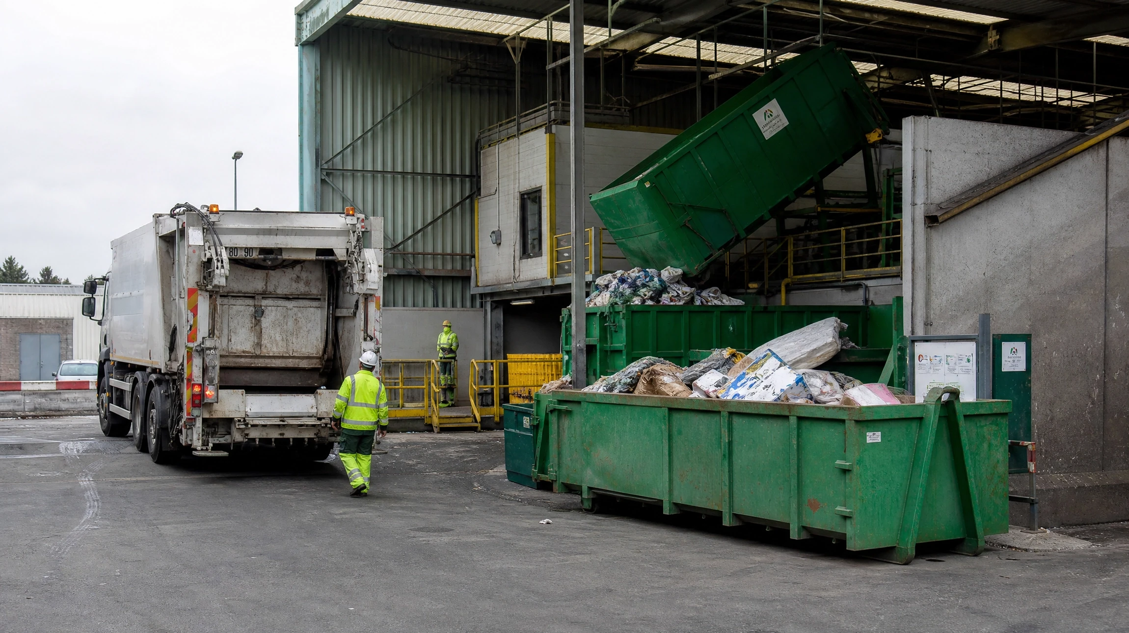 Photographie réaliste et professionnelle d'un camion d'assainissement/hydrocureur blanc ou aux couleurs de Theys, stationné sur un chantier extérieur avec un ouvrier en équipement de sécurité (casque, gilet haute visibilité) effectuant une intervention d'assainissement : tuyauterie, accès à fosse septique ou canalisation visible, équipement hydraulique en action. La scène doit montrer l'expertise professionnelle et les équipements modernes de l'entreprise d'assainissement.