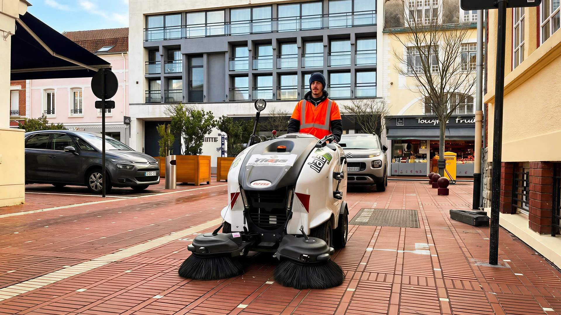 Scène extérieure urbaine avec balayeuse-laveuse de voirie en action sur trottoir mouillé, bordé de pelouse verte