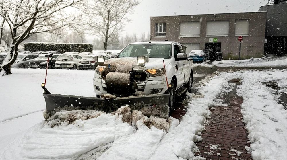 Scène hivernale extérieure, chantier enneigé à l'aube