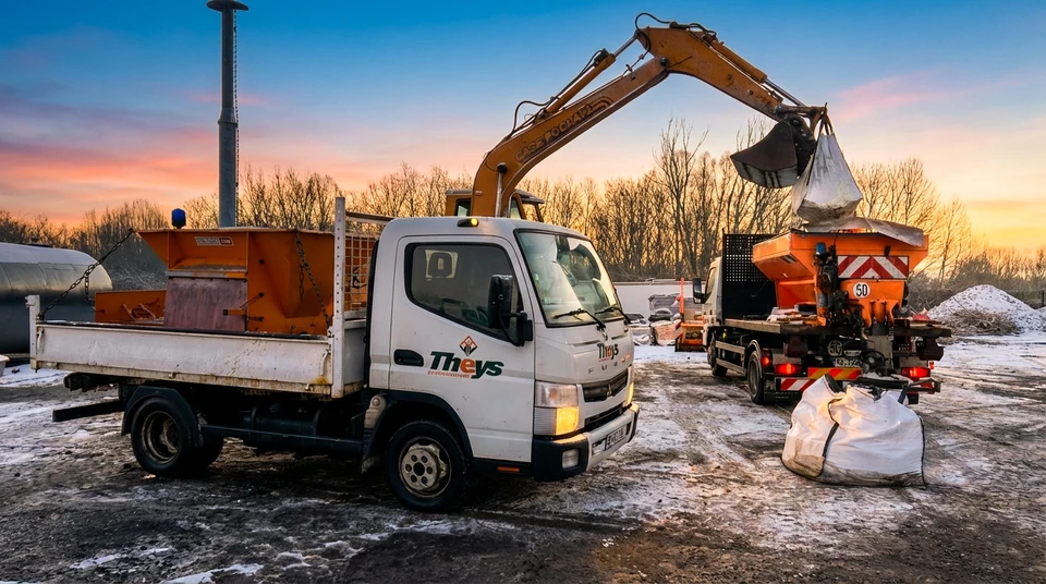 Camion-citerne de transport de liquides circulant sur autoroute à deux voies, paysage rural avec forêts de conifères, ciel nuageux, autre véhicule visible au loin