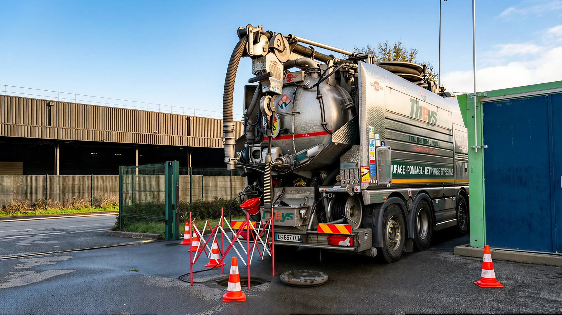 Chantier urbain extérieur avec camion-citerne orange de vidange industrielle garé sur voirie